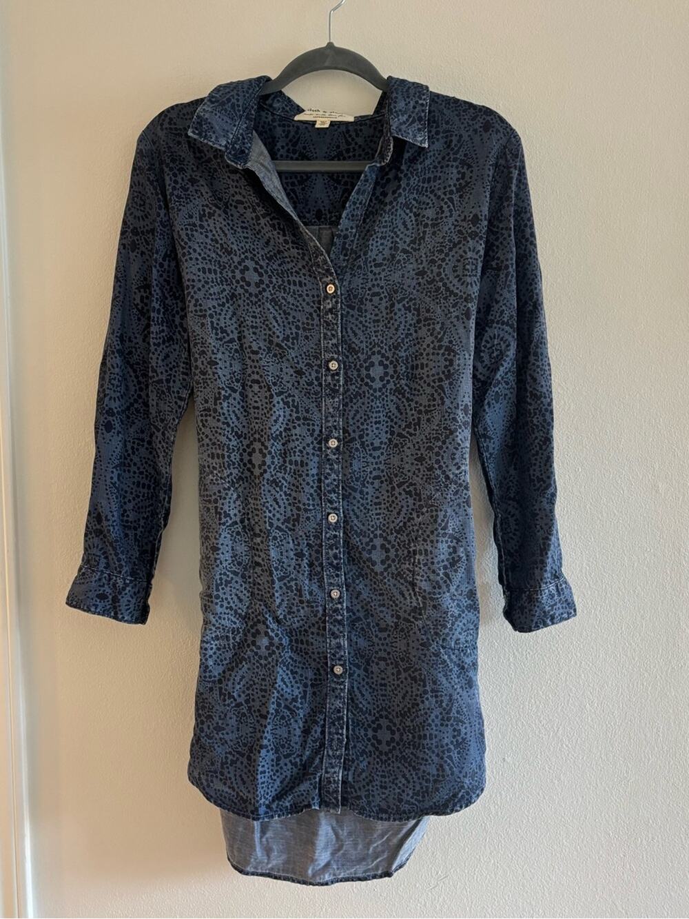 Cloth & Stone Anthropologie Printed Blue Chambray Belted Shirt Dress